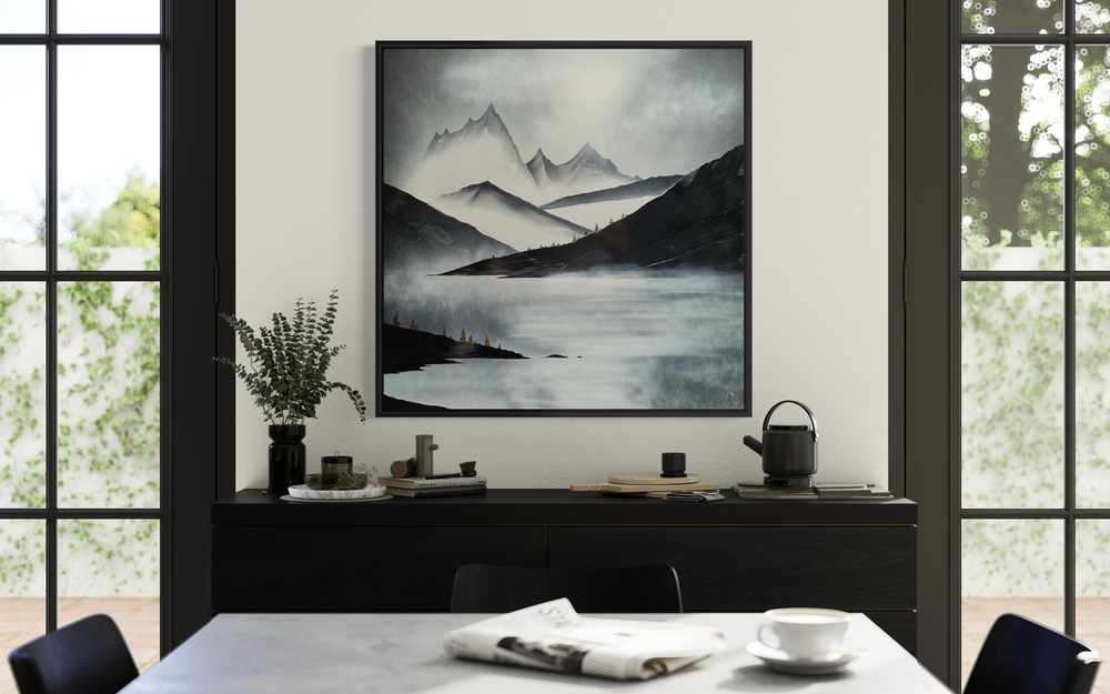 Julien Rey, The Nature, lacquer and gold leaf on board, 31 x 31 inches, shown framed above a dark wood sideboard with a plant and ceramics, in a dining area with a table and chairs.