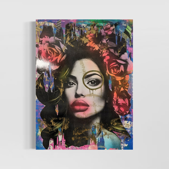 36"W x 48"H Acrylic paint, spray paint, wheat-paste, vintage advertisements, printed fragments on canvas. Woman&