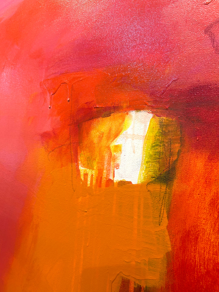 Abstract painting in red, orange and pink, with touches of light blue and white. Acylic paintin of canvas, large format