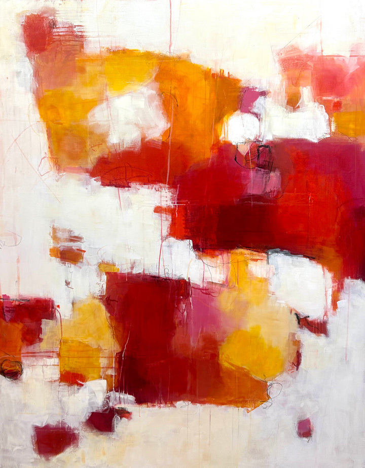 48”W x 60”H abstract acrylic on canvas painting with red, orange, yellow and cream. 