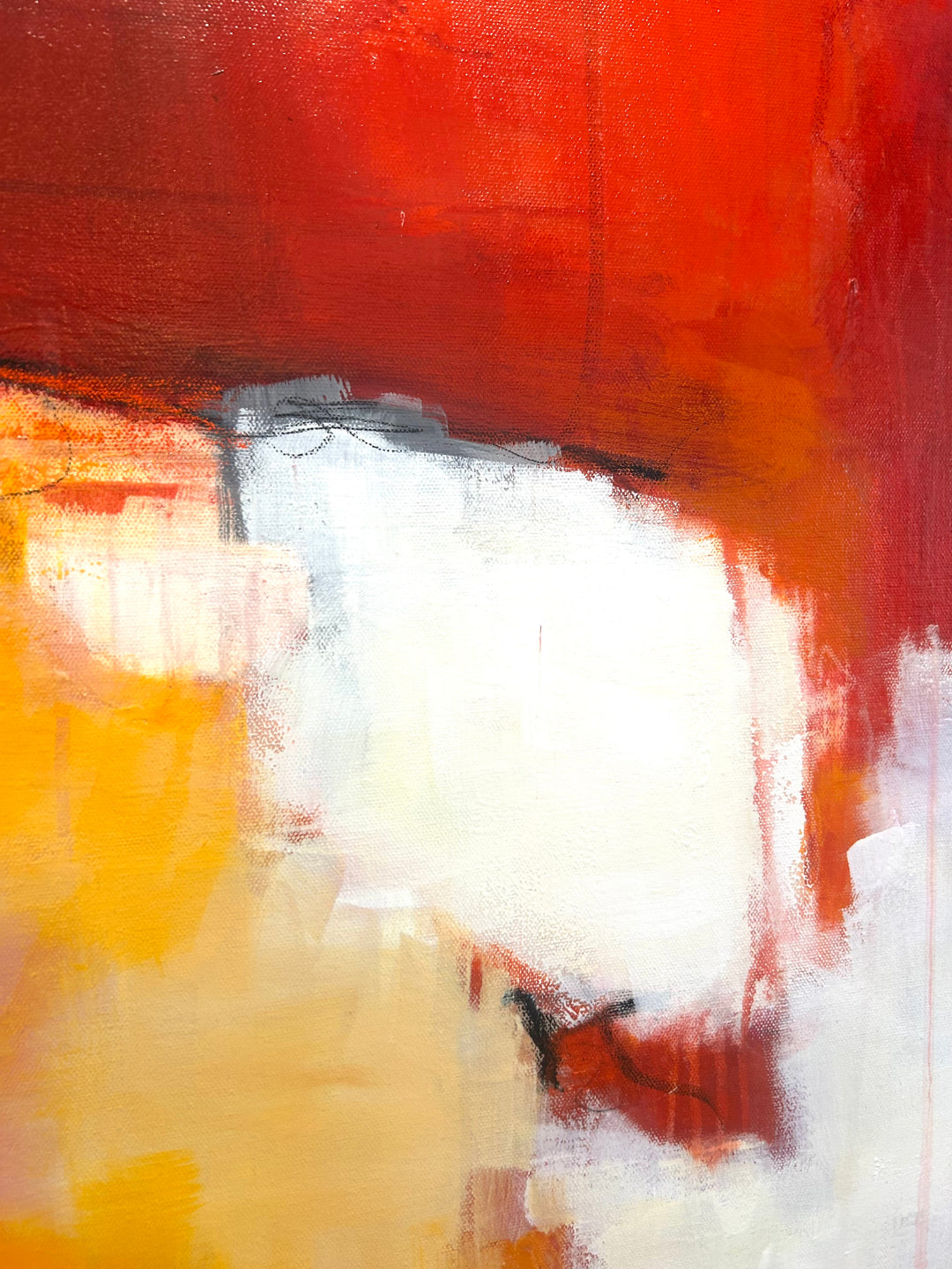48”W x 60”H abstract acrylic on canvas painting with red, orange, yellow and cream. 