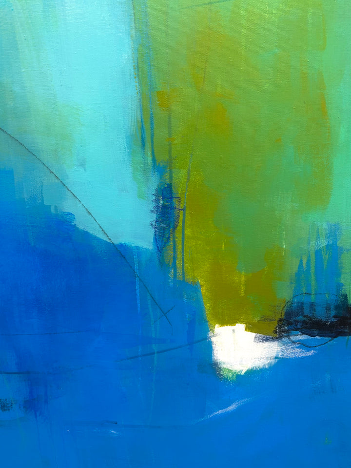 48”W x 60”H abstract acrylic on canvas painting with blue, green, teal and cream.