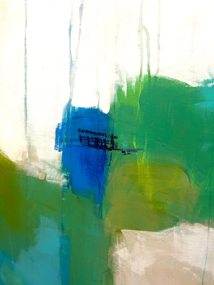 48”W x 60”H abstract acrylic on canvas painting with blue, green, teal and cream.