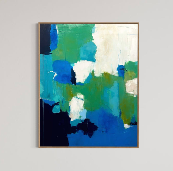 48”W x 60”H abstract acrylic on canvas painting with blue, green, teal and cream.