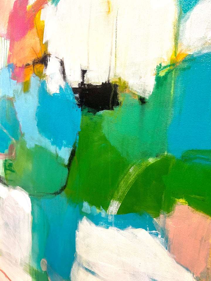 Abstract acrylic painting on canvas using blues, greens, whites and details of pink. 36”W x 48”H 