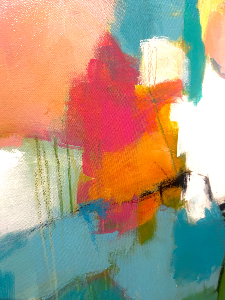 Abstract acrylic painting on canvas using blues, greens, whites and details of pink. 36”W x 48”H 