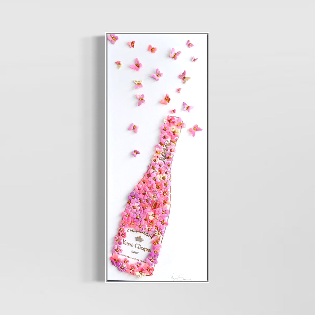 Acrylic clay and modeling paste painting of bottle champagne of pink 3 dimensional flowers coming out of bottle to butterflies on white canvas