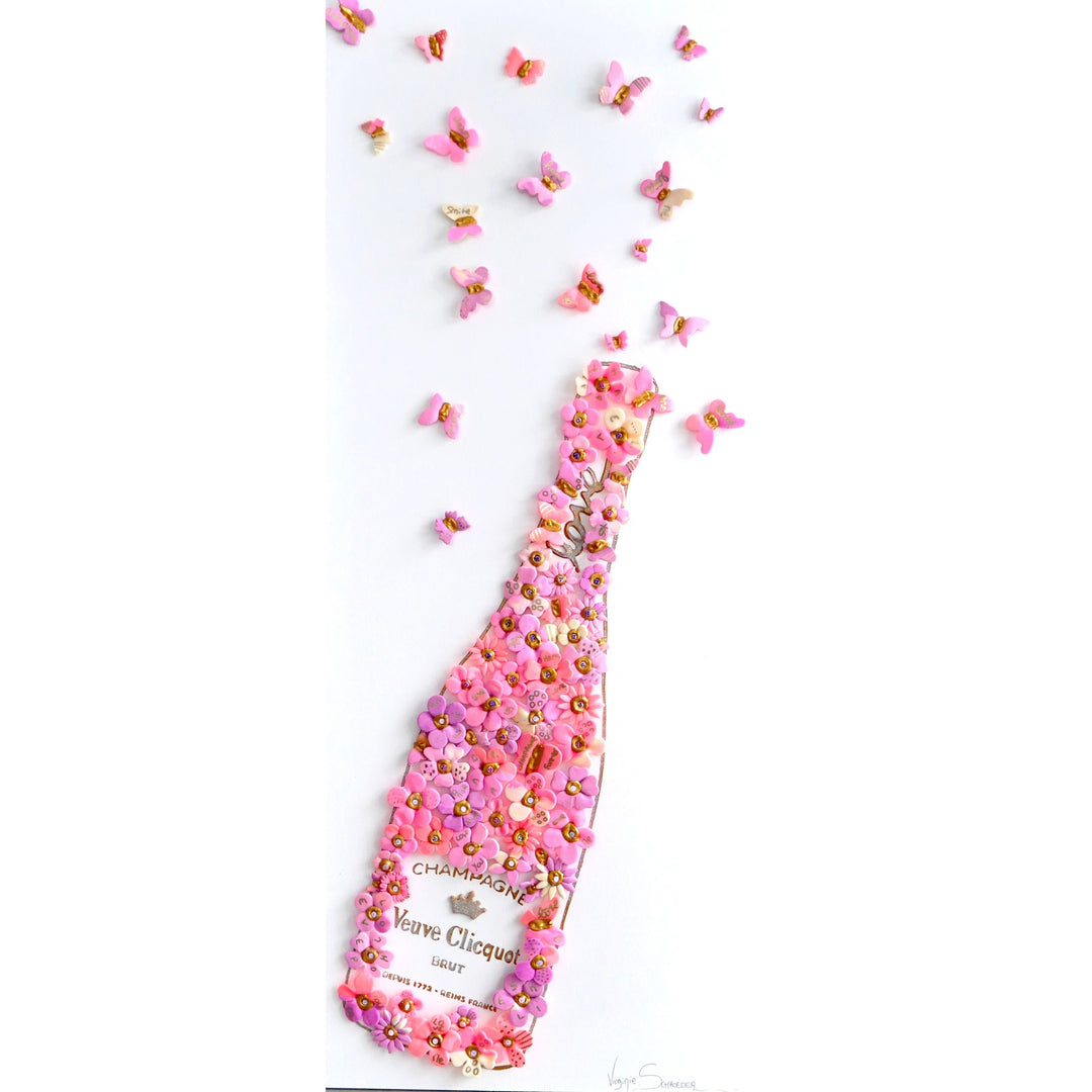 Acrylic clay and modeling paste painting of bottle champagne of pink 3 dimensional flowers coming out of bottle to butterflies on white canvas