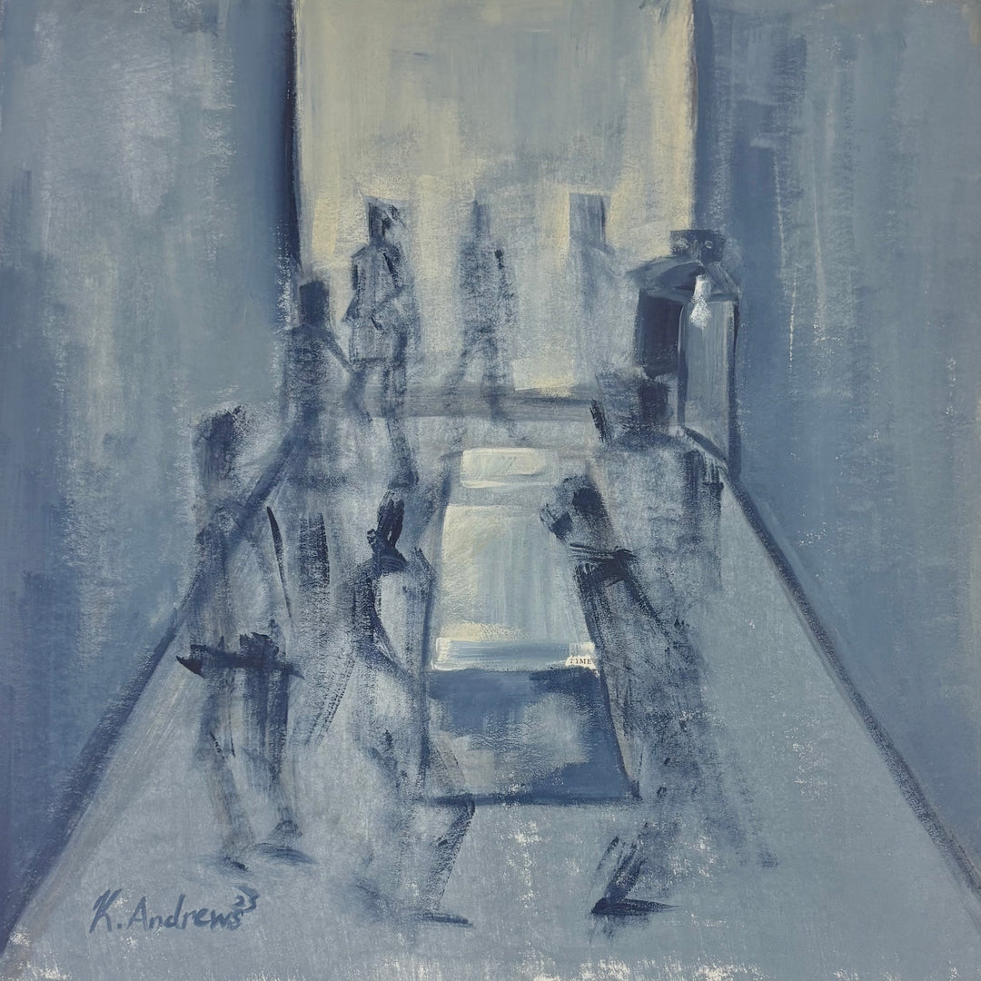 abstract figurative piece in cold blue fading figures in blue box room