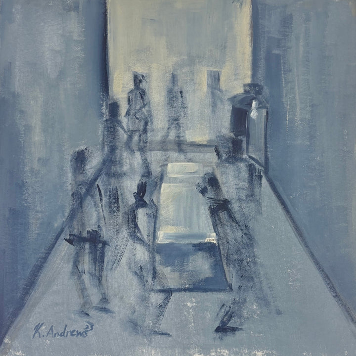 abstract figurative piece in cold blue fading figures in blue box room