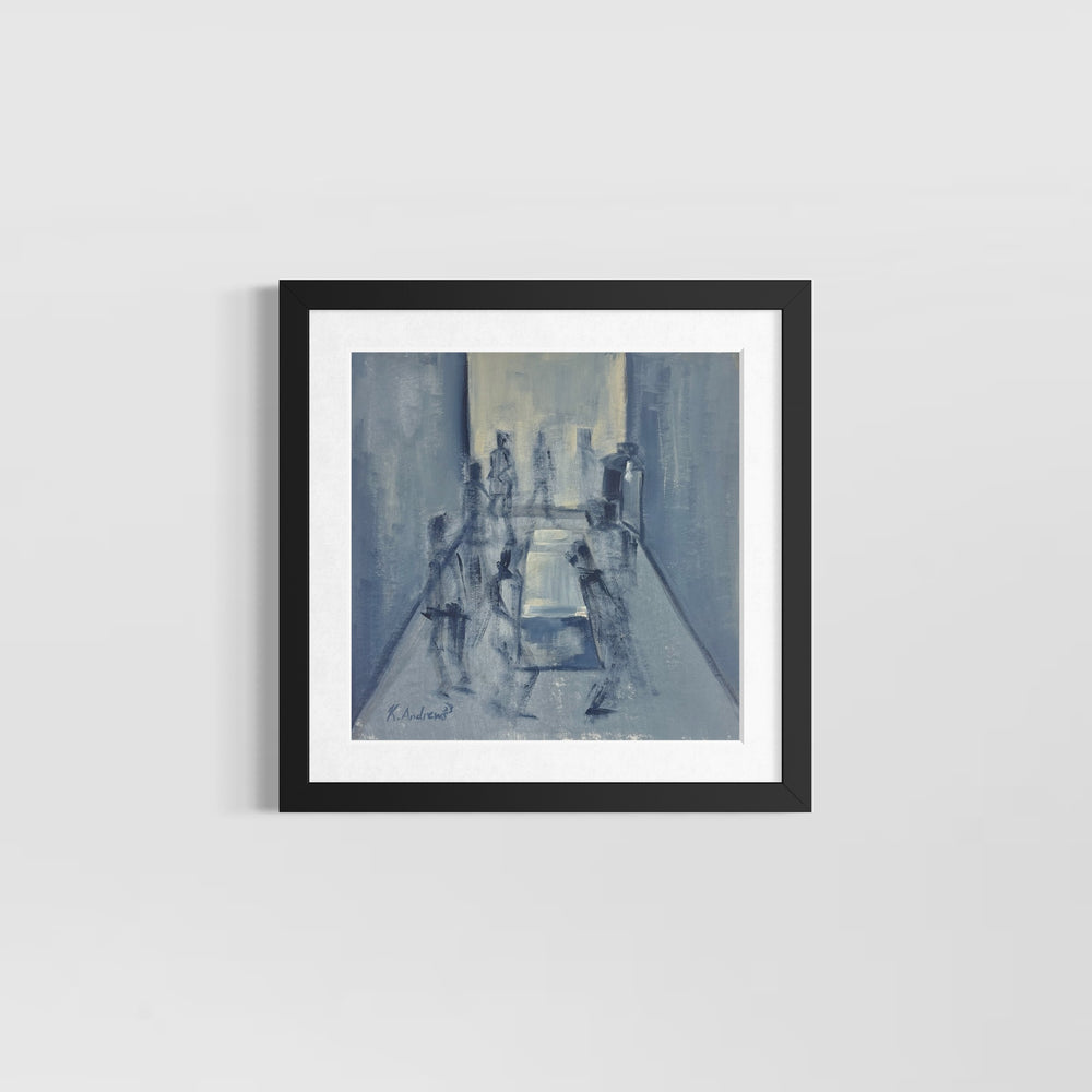 abstract figurative piece in cold blue fading figures in blue box room
