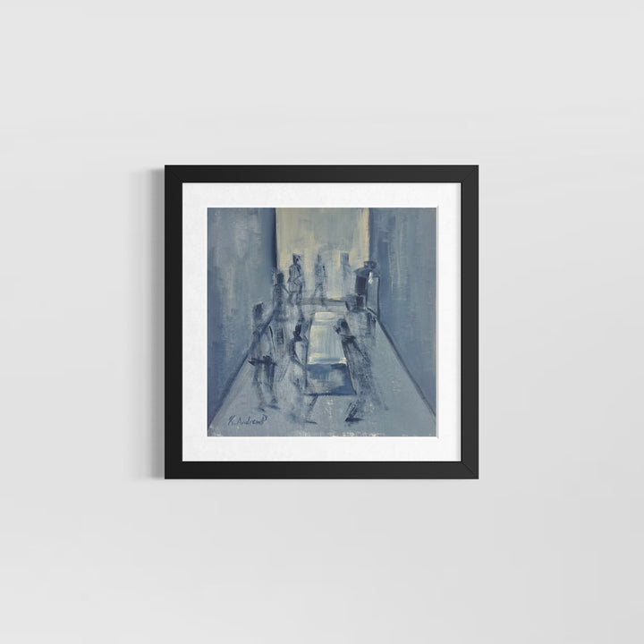 abstract figurative piece in cold blue fading figures in blue box room