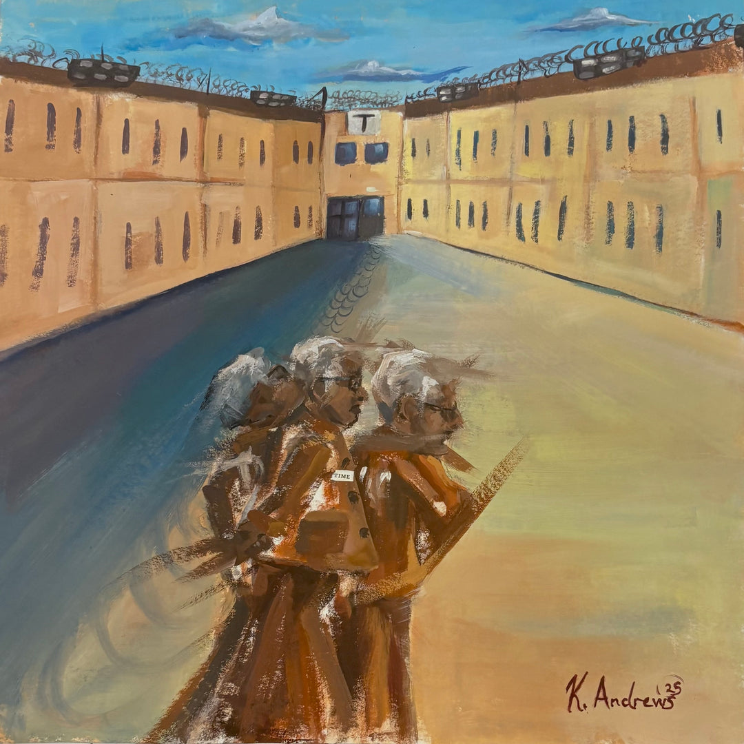 moving figure in orange suit double exposure in long courtyard  prison walls