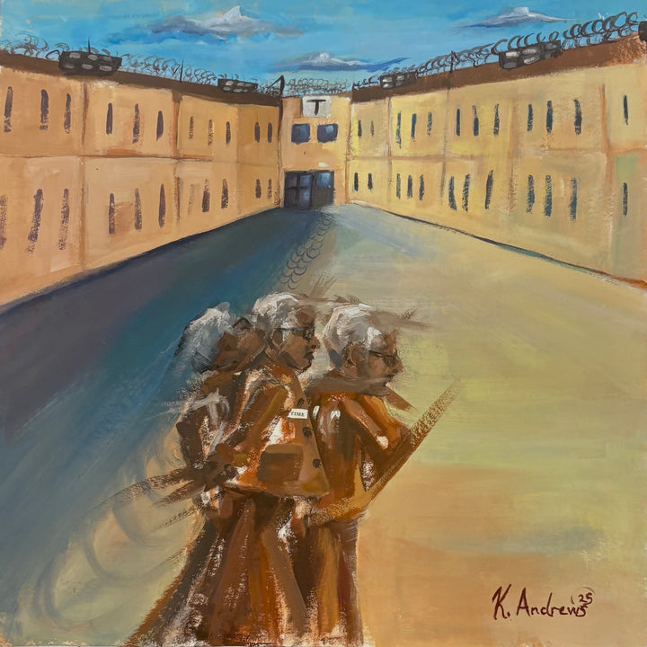 moving figure in orange suit double exposure in long courtyard  prison walls