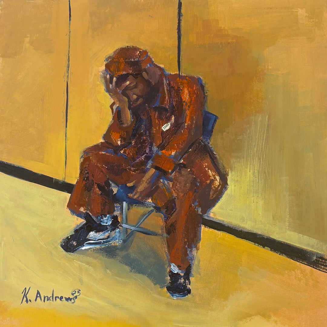 brown orange figure in despair leaning against knees sitting in chair in yellow room