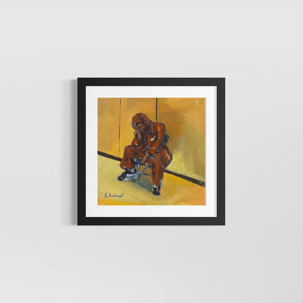 brown orange figure in despair leaning against knees sitting in chair in yellow room