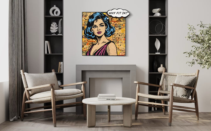 Glass mosaic artwork by Sarah Flishbein of a woman in the style of 60s comic art with a thought bubble saying "why fit in?" with a collage of woman in vintage comics behind her.