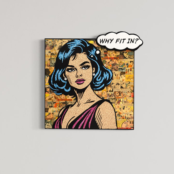 Glass mosaic artwork by Sarah Flishbein of a woman in the style of 60s comic art with a thought bubble saying "why fit in?" with a collage of woman in vintage comics behind her.