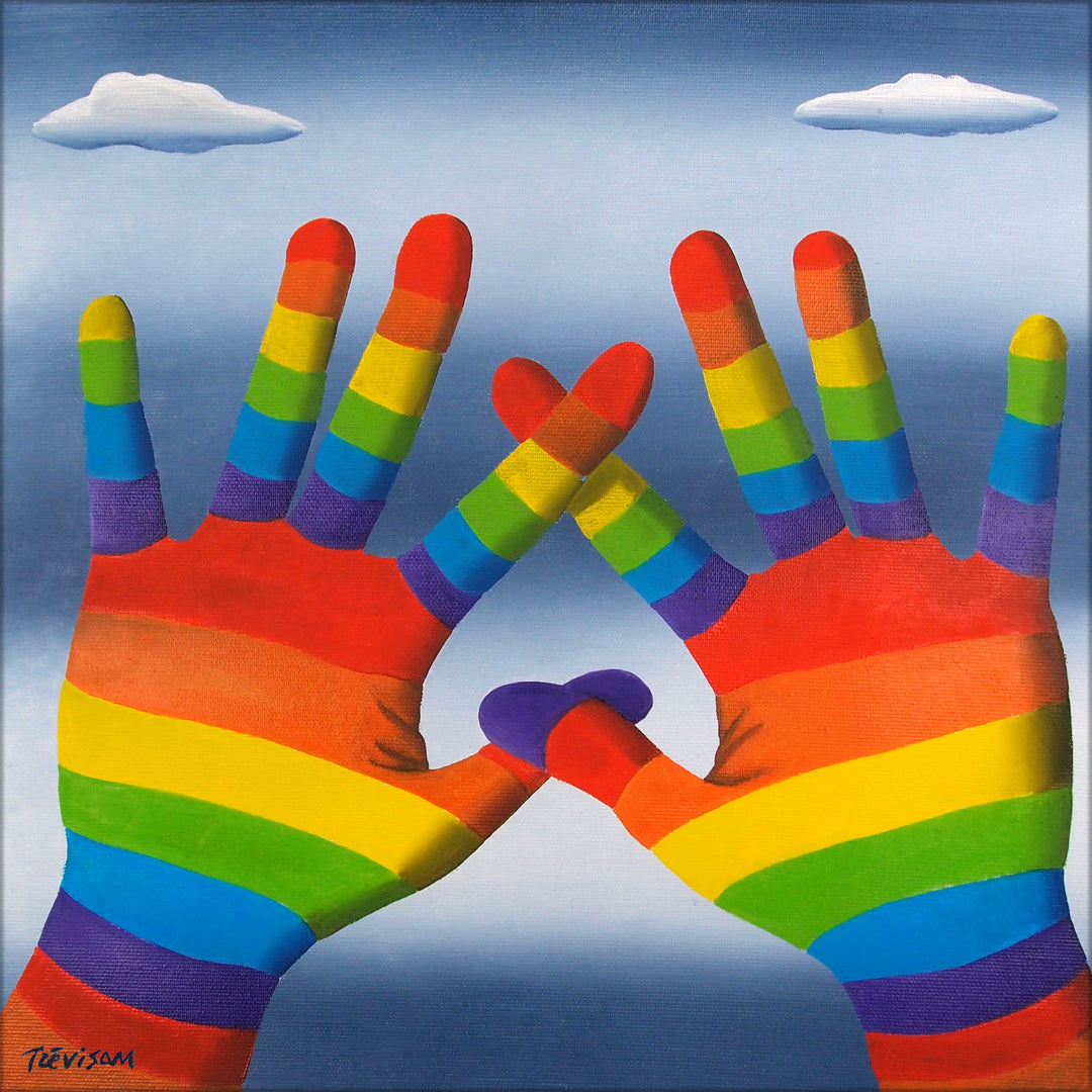 Rainbow Hands, artwork by Carlo Trevisan. Oil on canvas. 14 by 14 inches.