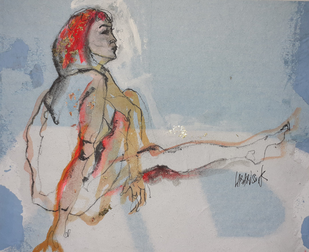 Esquisse I, artwork by Corinne Labarussias. Charcoal, watercolor, &amp; gold leaf on recycled paper. 16.75 by 18 inches.