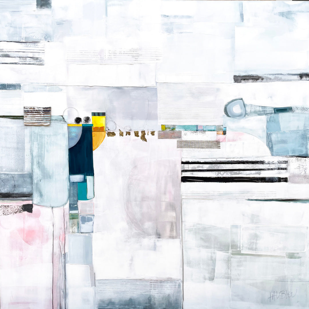 Lau Blou 48" x 48" Paradis blanc white abstract painting, geometric snowy white shapes with some gold leaf, feminine