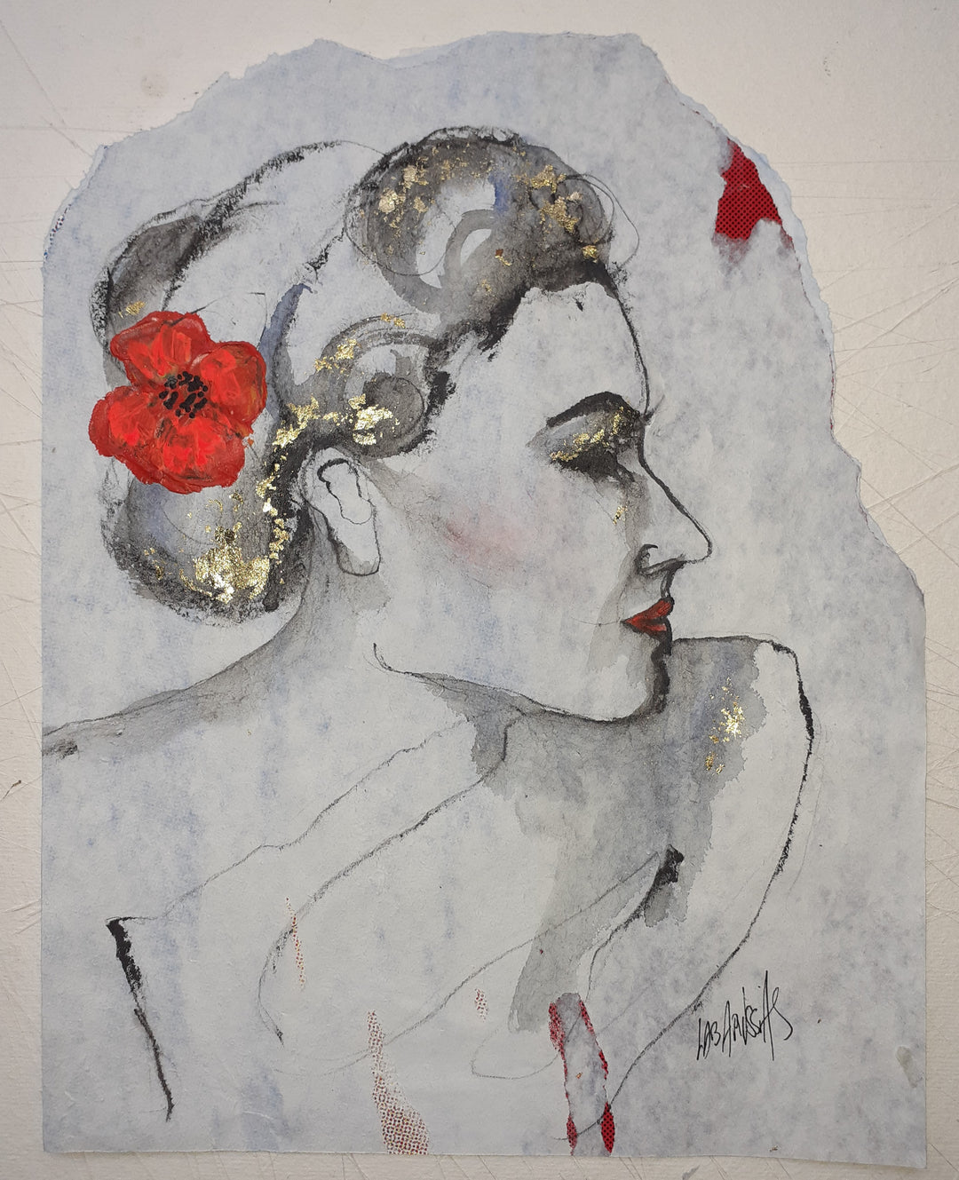 Coquelicot, artwork by Corinne Labarussias. Charcoal, watercolor, &amp; gold leaf on recycled paper. 19 by 16 inches.