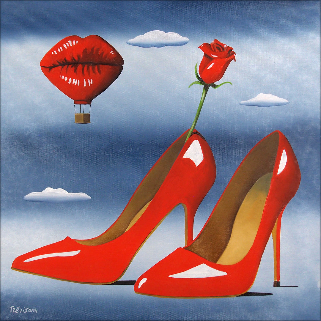 Red Shoes II, artwork by Carlo Trevisan. Oil on canvas. 14 by 14 inches.