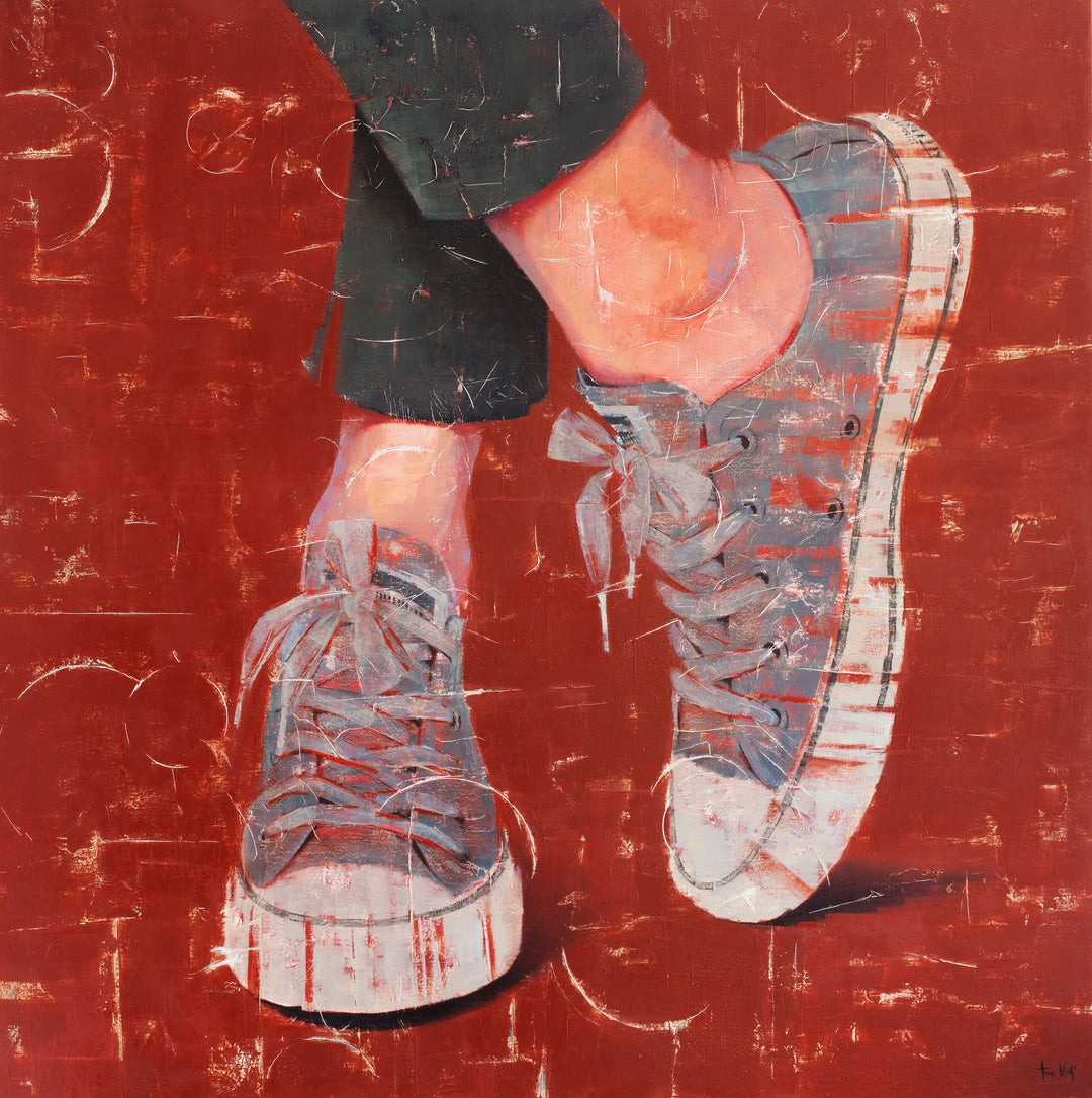 Fons Vermell, 40" x 40" artwork by Tomasa Martín. Oil and acrylic on linen painting of gray sneakers on a red background.