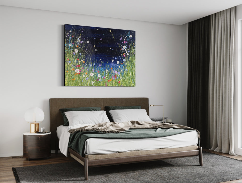 A Voice In The Night Garden 061422, artwork by Eric Heitmann, displayed in a home. Oil, acrylic, and resin on canvas. 49 by 60.5 inches.