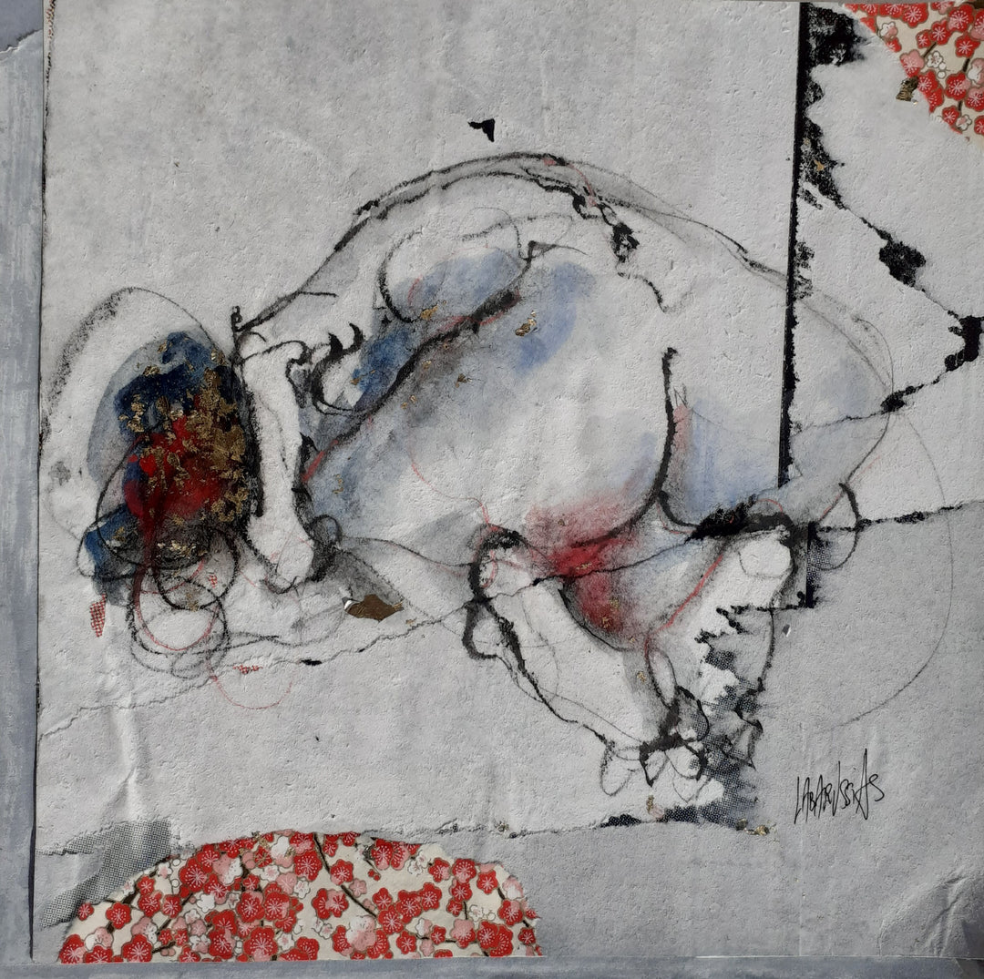 La Vie En Fleurs XXXIV, artwork by Corinne Labarussias. Charcoal, pigments, &amp; gold leaf on Japanese and advertising paper. 14 by 14 inches.