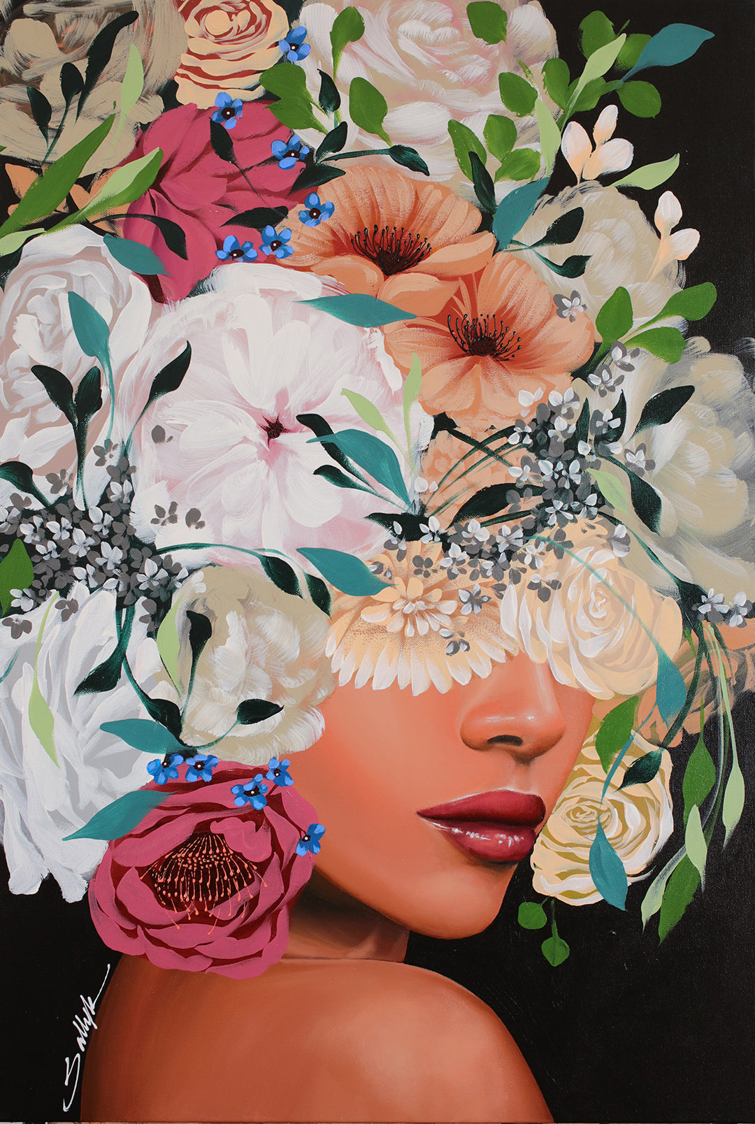 24"W x 36"H, acrylic portrait on canvas. Woman in profile with her eyes and hair covered by white and blush-toned flowers.