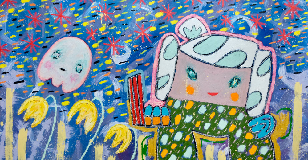 Pajama Girl and ghost buddy on evening stroll, a painting by Adam Handler. Oil stick on canvas