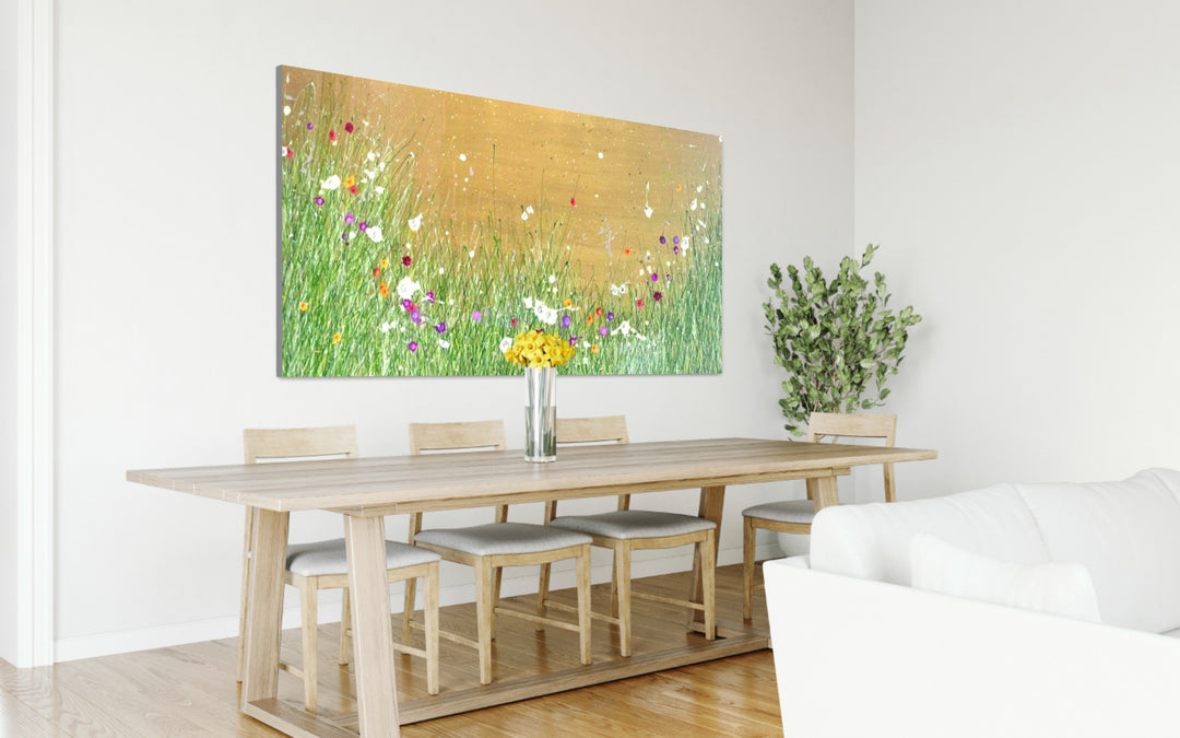 All That Glitters Is Gold 061622, artwork by Eric Heitmann, displayed in a home. Oil, acrylic, and resin on canvas. 48 by 96 inches.