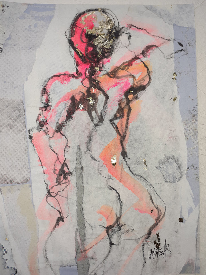 Esquisse IV, artwork by Corinne Labarussias. Charcoal, watercolor, &amp; gold leaf on recycled paper. 18.25 by 16 inches.