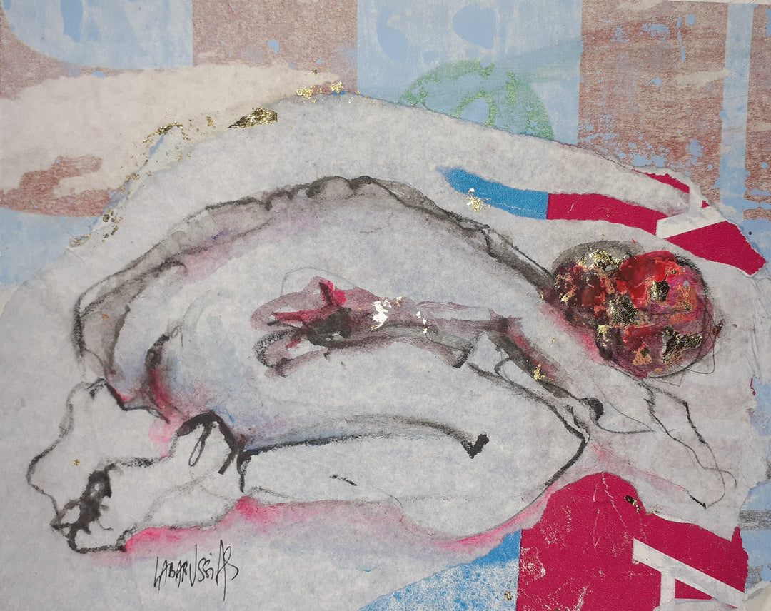 Esquisse V, artwork by Corinne Labarussias. Charcoal, watercolor, &amp; gold leaf on recycled paper. 15.5 by 18 inches.