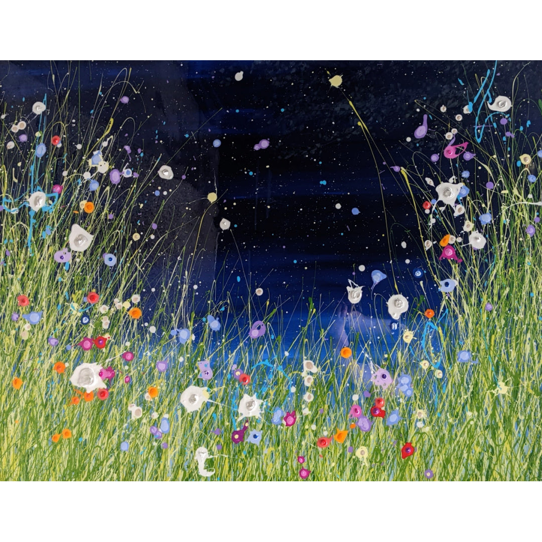 A Voice In The Night Garden 061422, artwork by Eric Heitmann. Oil, acrylic, and resin on canvas. 49 by 60.5 inches.