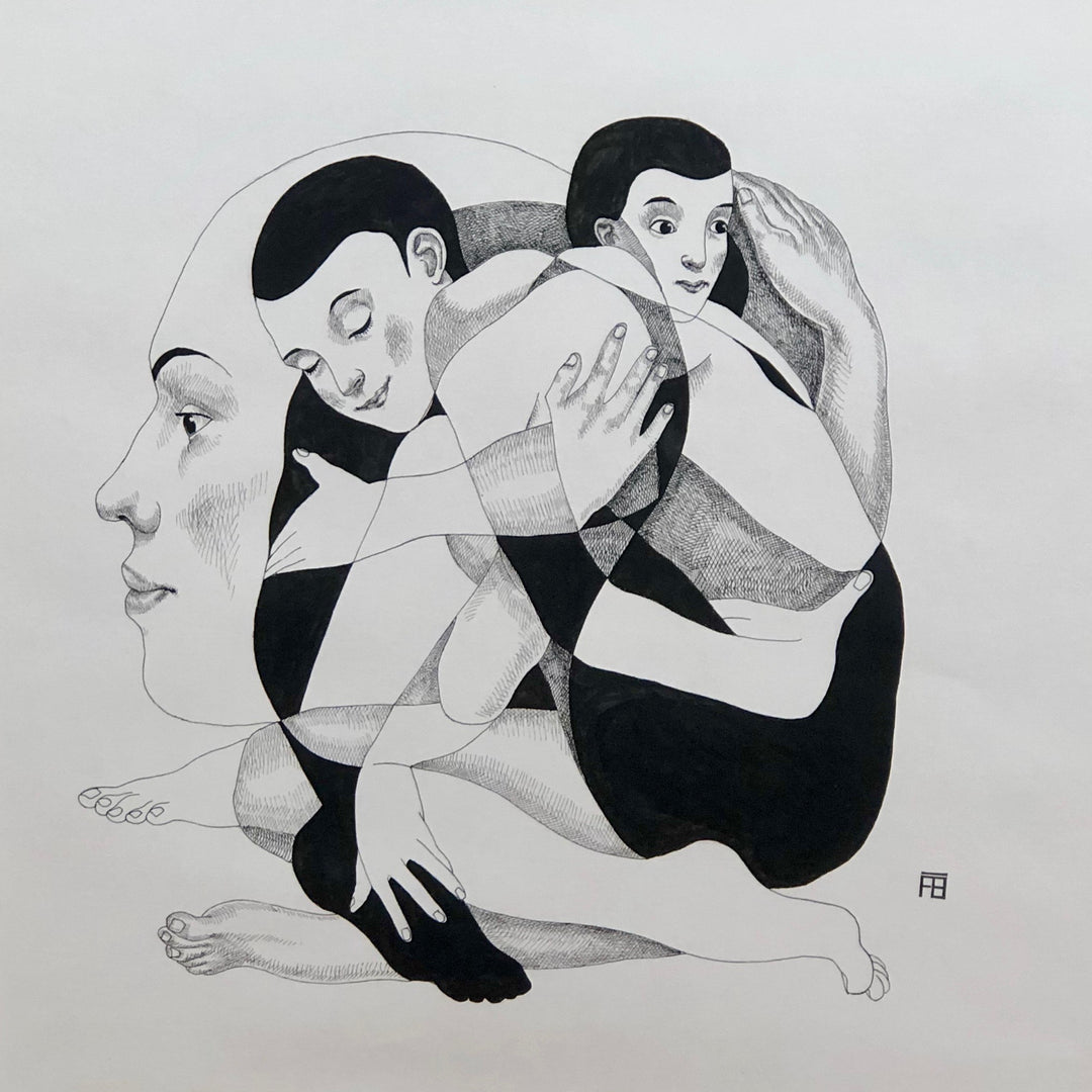 Affection, artwork by Florent Blache. Ink & acrylic on paper. 14 by 14 inches.