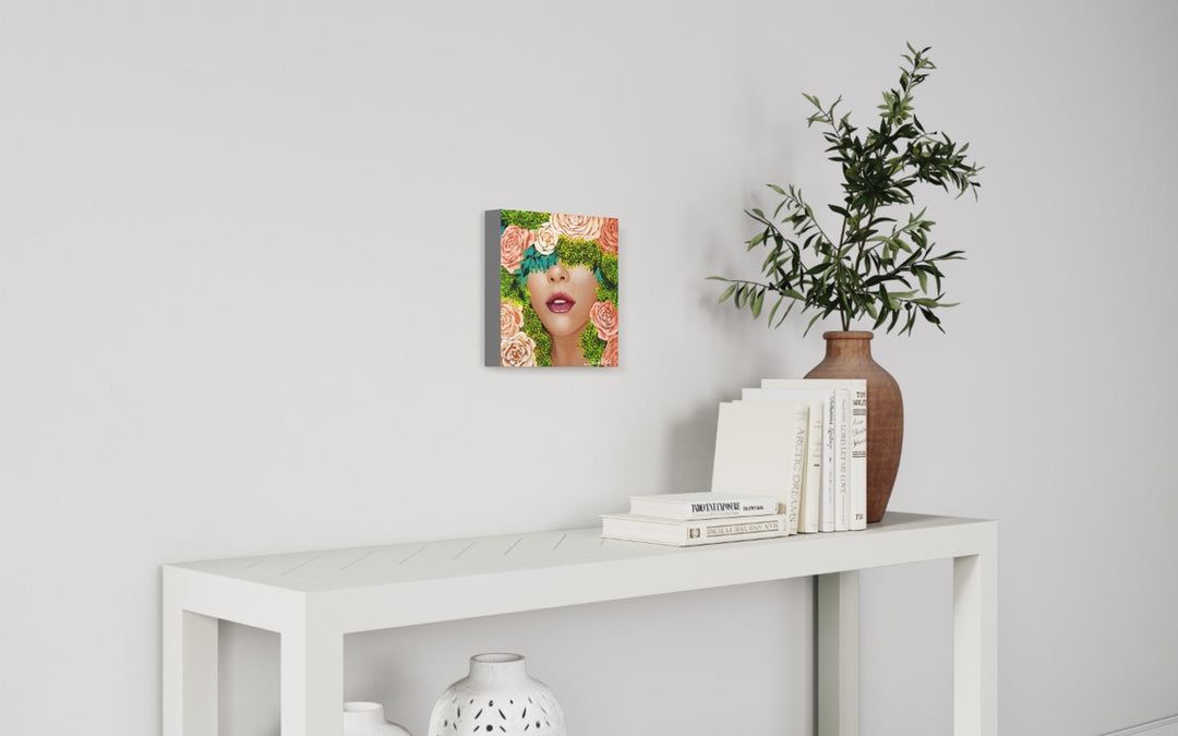 Baby Breath III, artwork by Sally K., displayed in a home. Acrylic paint on canvas. 12 by 12 inches.