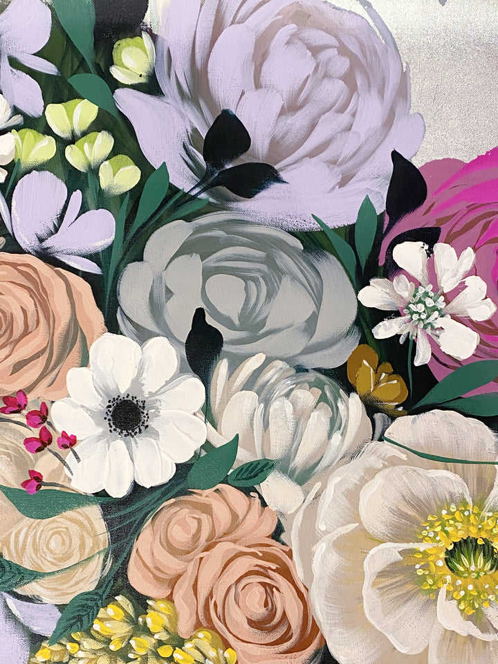 Detail of Sally K "Bai", Acrylic and silver leaf on 42x37" canvas. Portrait of female with multicolor flower adornment.