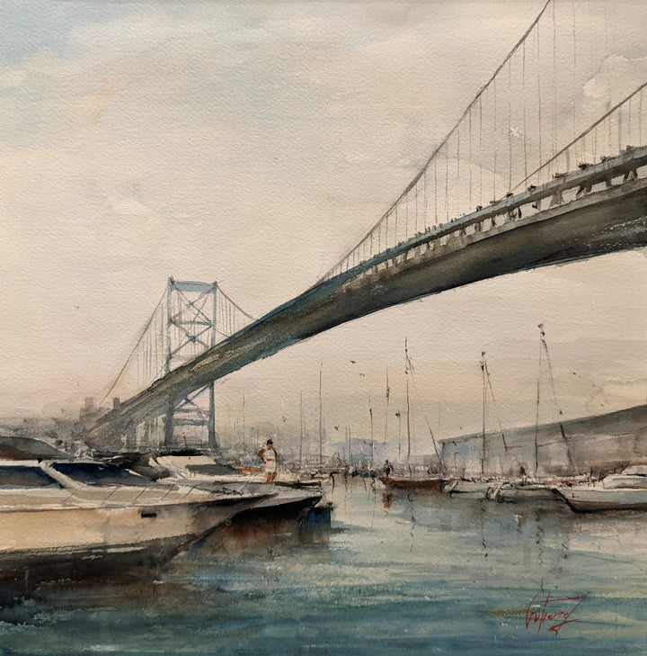 Benjamin Franklin Bridge, artwork by Pierre Gutierrez. Watercolor on paper. 14 by 14 inches.
