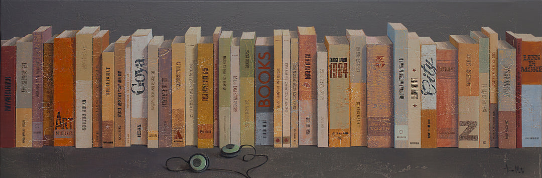 Books and Headphones, artwork by Tomasa Martín. Oil and acrylic on linen, horizontal painting of lots of books next to each other and a pair of headphones.