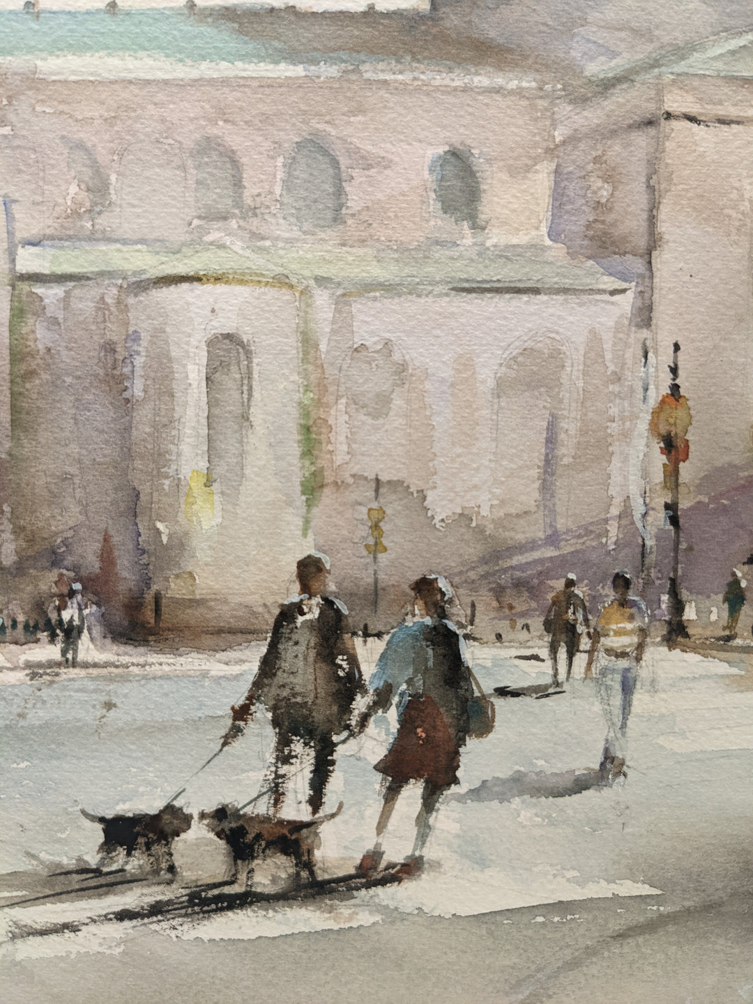 detail of Cathedral Basilica of Saints Peter and Paul, artwork by Pierre Gutierrez. Watercolor on paper. 14 by 14 inches.