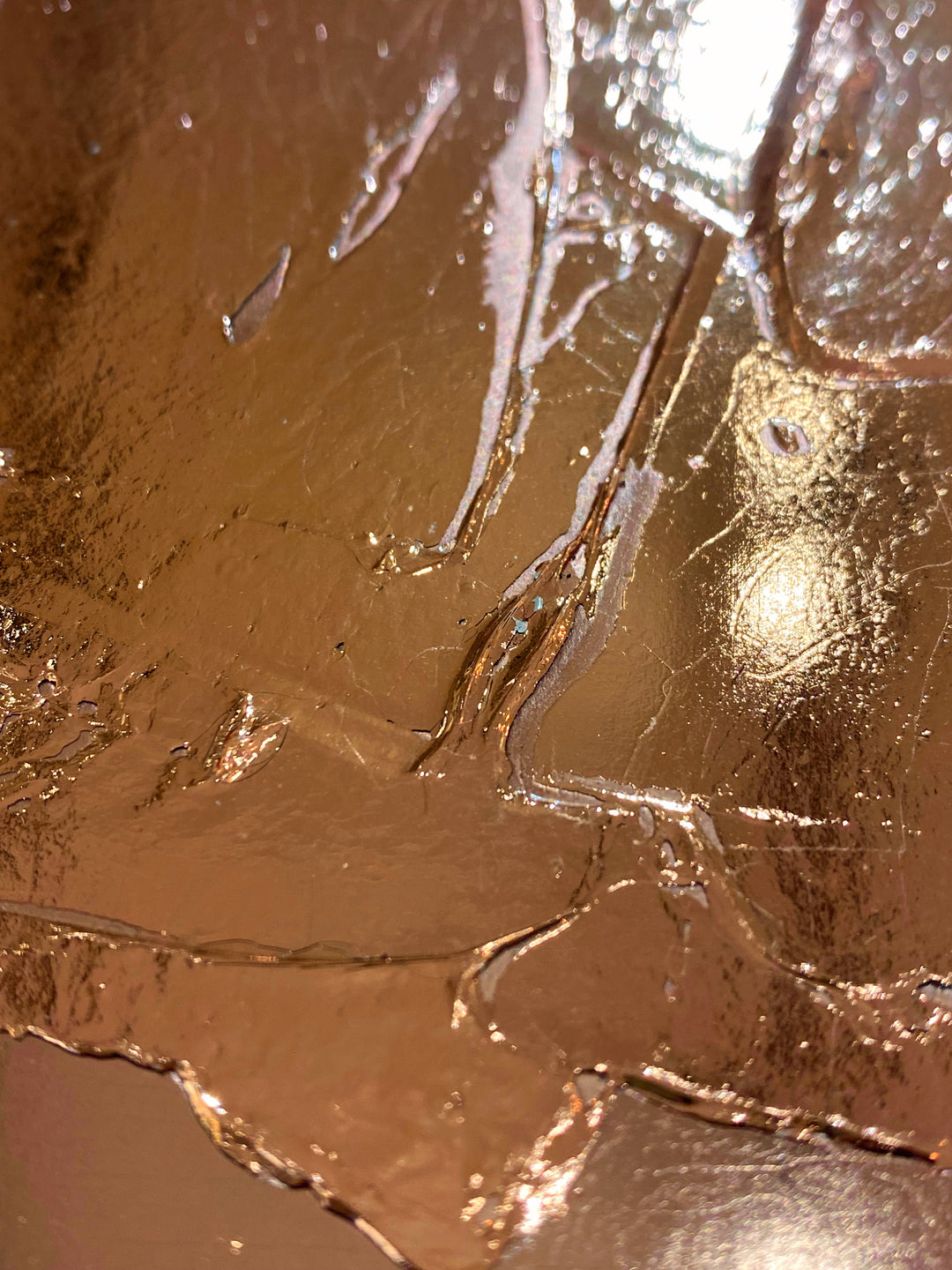 Detail of M. Clark "Copper Texture No. 72". Copper foil on illustration board mounted to 10.5"x8"x0.5" sintra panel. Abstract copper textural painting