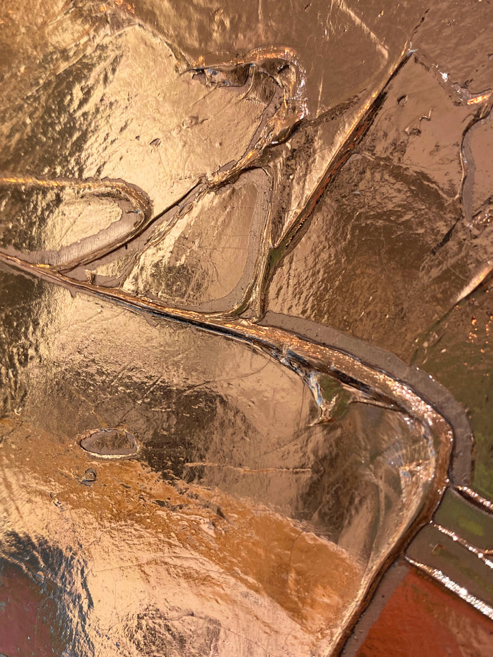 Detail of M. Clark "Copper Texture No. 72". Copper foil on illustration board mounted to 10.5"x8"x0.5" sintra panel. Abstract copper textural painting
