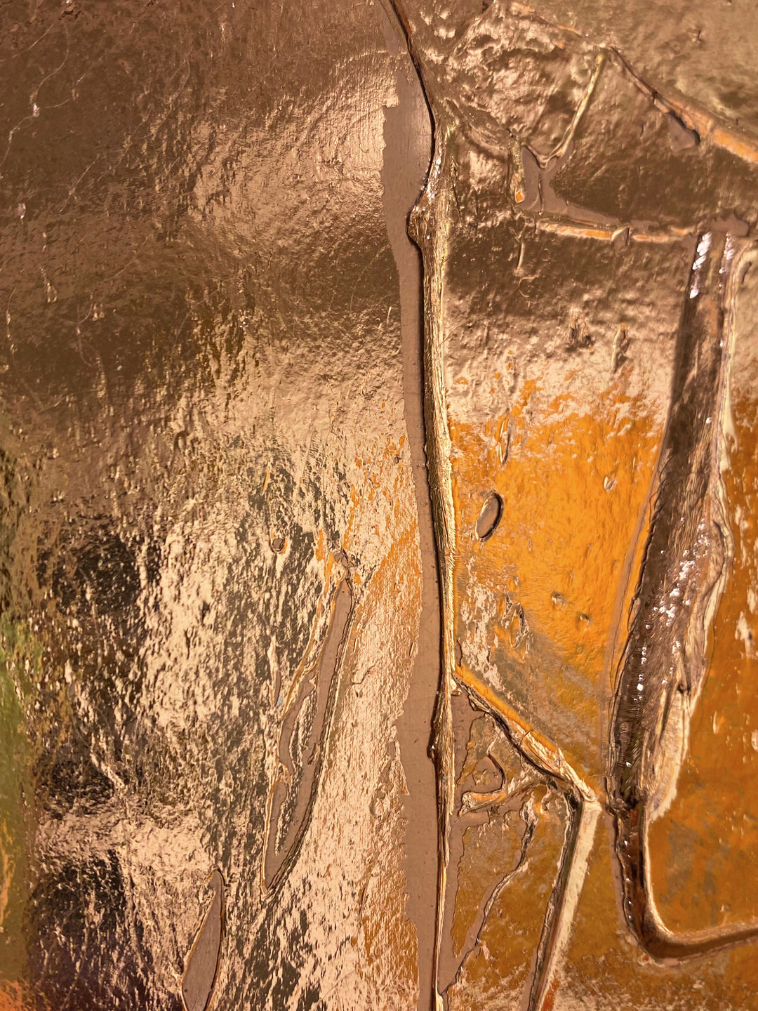 Detail of M. Clark "Copper Texture No. 72". Copper foil on illustration board mounted to 10.5"x8"x0.5" sintra panel. Abstract copper textural painting