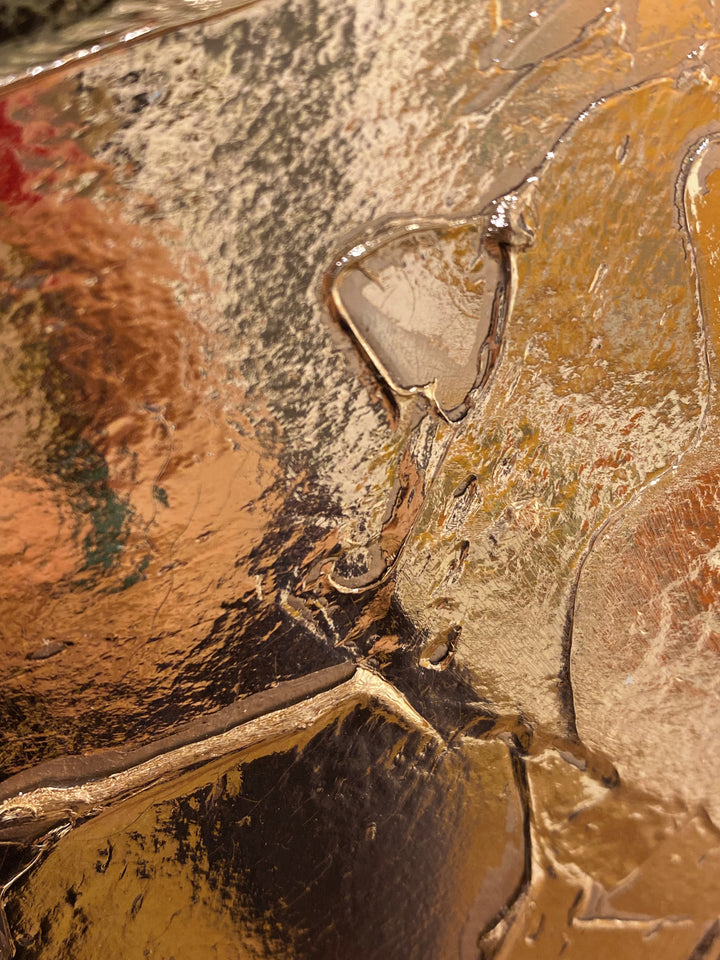 Detail of M. Clark "Copper Texture No. 72". Copper foil on illustration board mounted to 10.5"x8"x0.5" sintra panel. Abstract copper textural painting