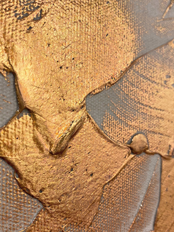Detail of M. Clark "Copper Texture No. 82". Copper foil on canvas mounted to 10.5"x8"x0.5" sintra panel. Abstract copper and white textural painting.