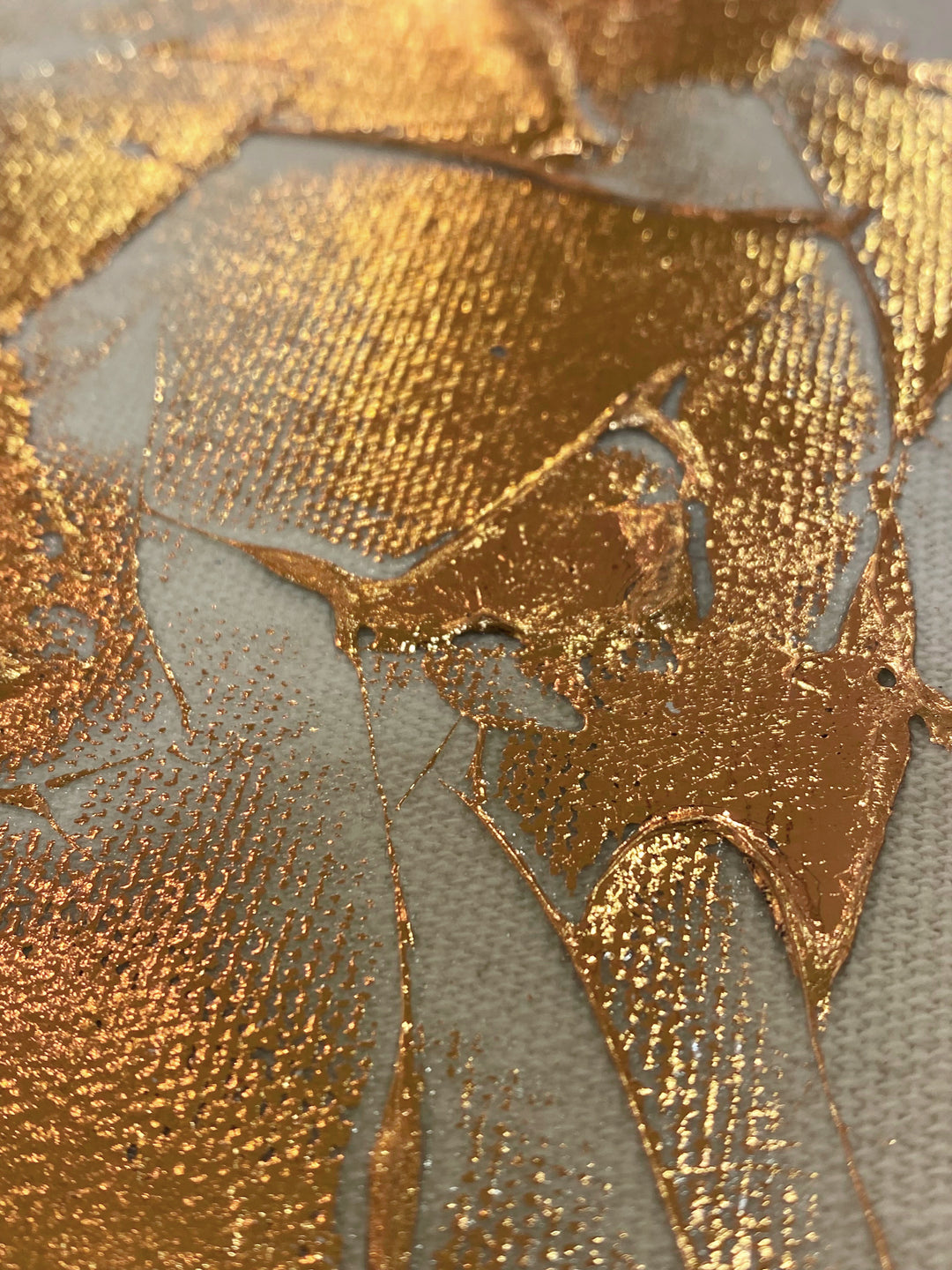 Detail of M. Clark "Copper Texture No. 82". Copper foil on canvas mounted to 10.5"x8"x0.5" sintra panel. Abstract copper and white textural painting.