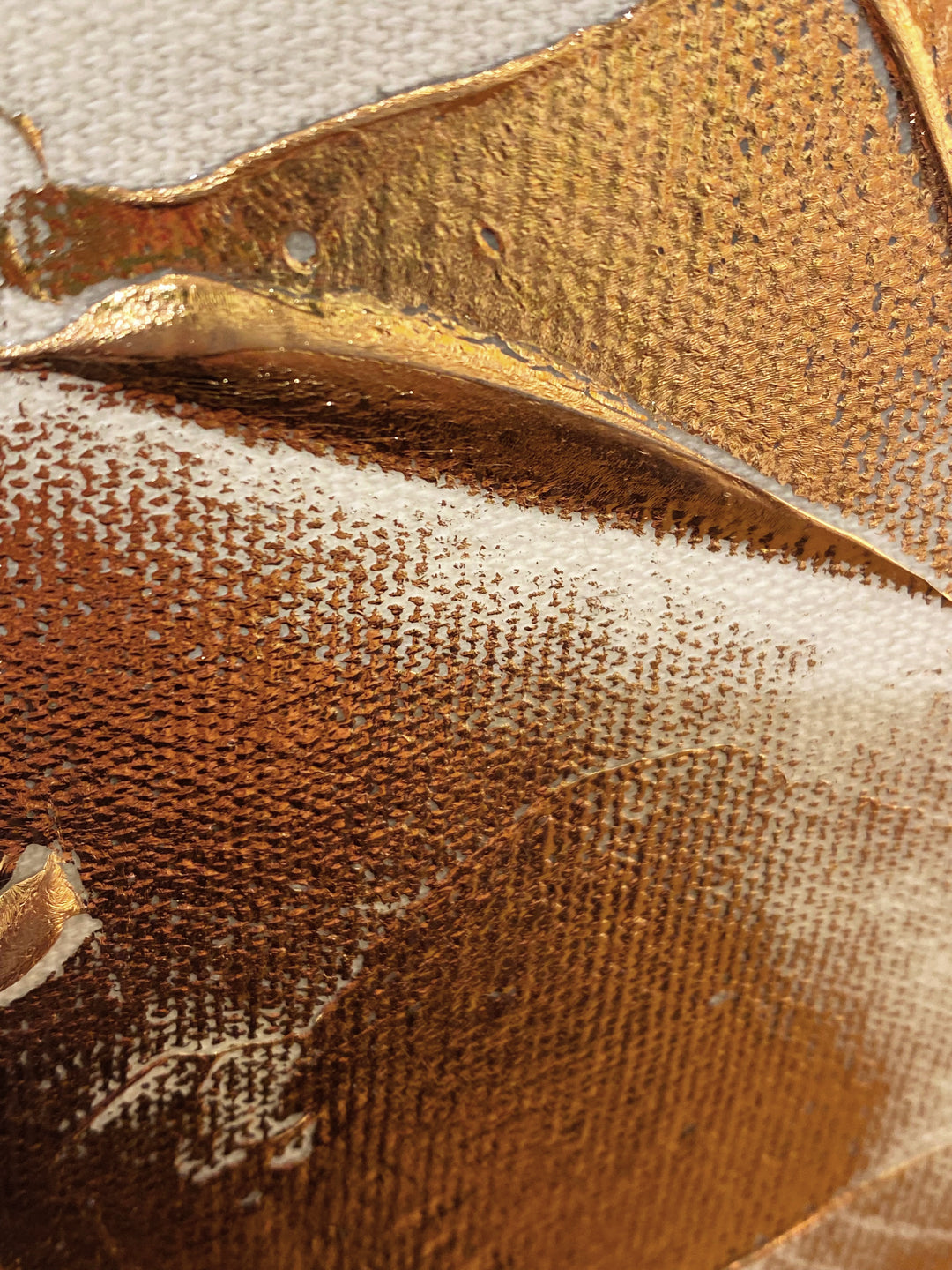 Detail of M. Clark "Copper Texture No. 82". Copper foil on canvas mounted to 10.5"x8"x0.5" sintra panel. Abstract copper and white textural painting.