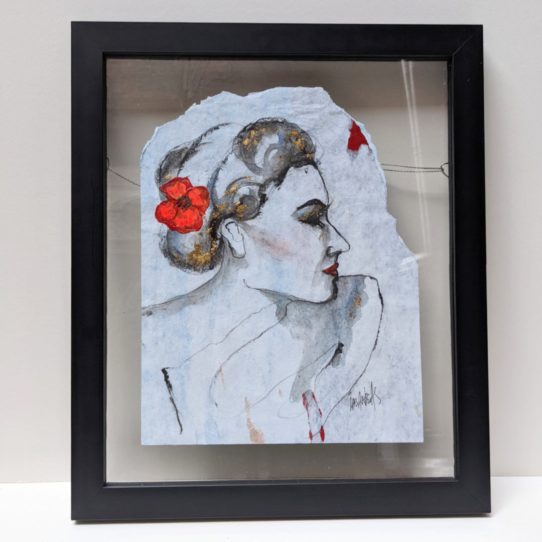 Coquelicot, artwork by Corinne Labarussias. Charcoal, watercolor, & gold leaf on recycled paper. 19 by 16 inches.